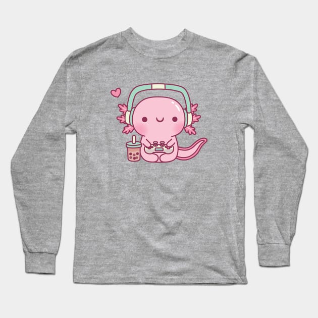 Cute Axolotl Playing Video Games Gamer Funny Long Sleeve T-Shirt by rustydoodle